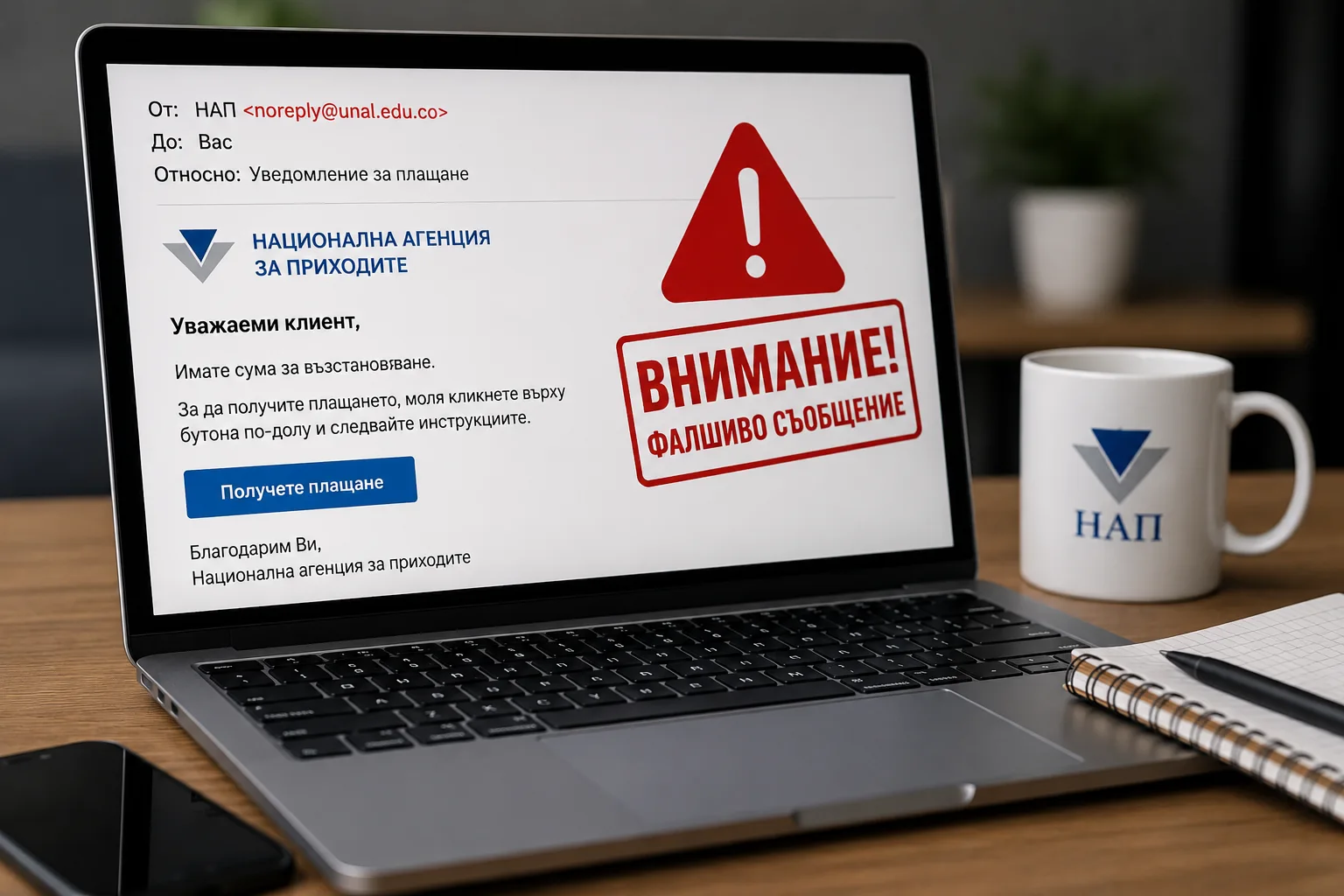 ⚠️ Внимание: Фалшиви имейли от името на НАП отново се разпространяват